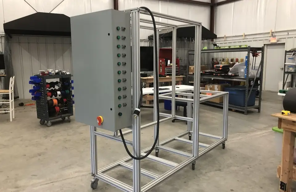 Extruded-aluminum test-cart frame built during the Nimbus internship.