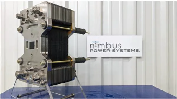 Fuel-cell stack beside a Nimbus Power Systems sign.
