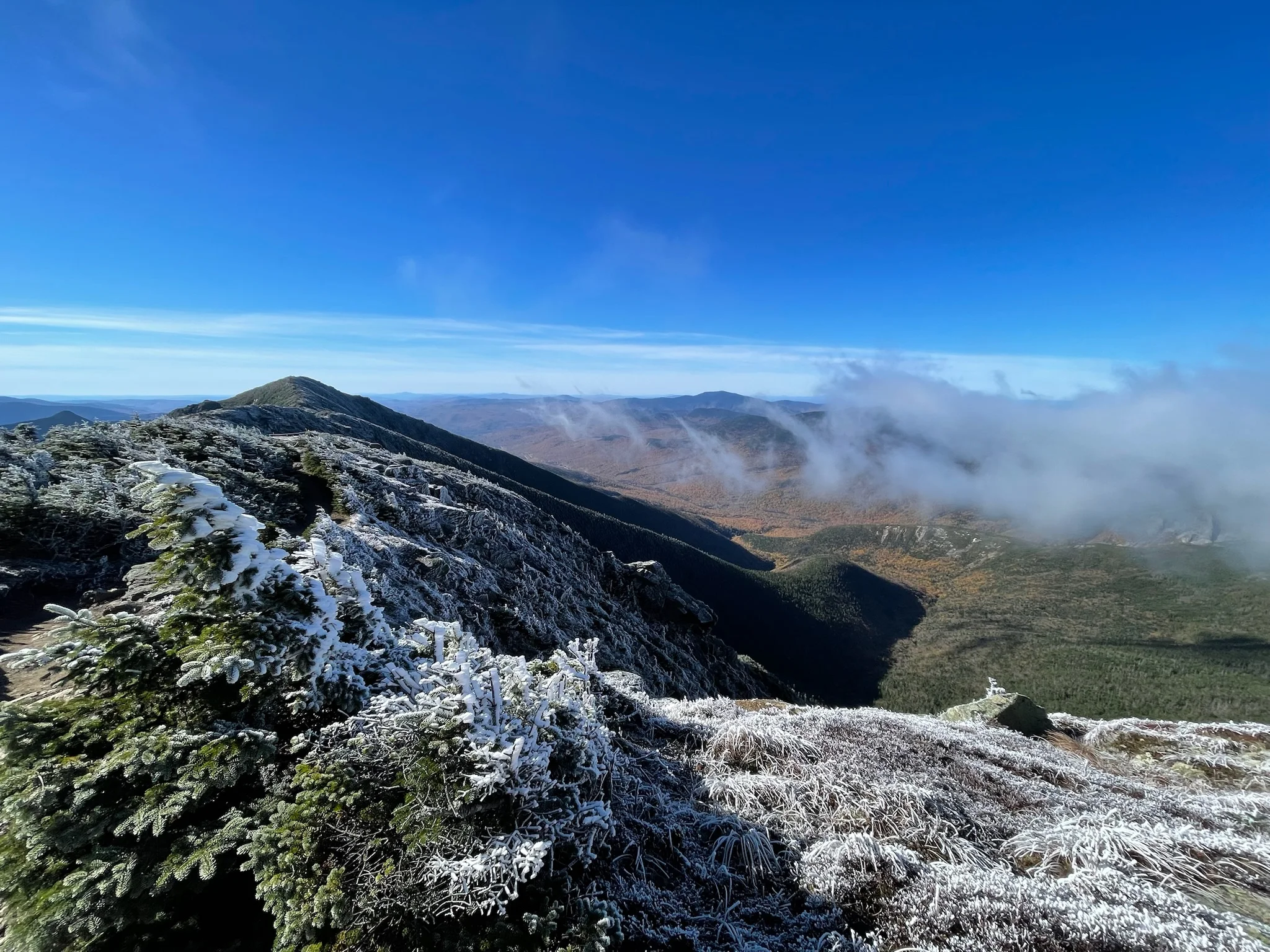 A frosty mountain ridge above a forested valley.