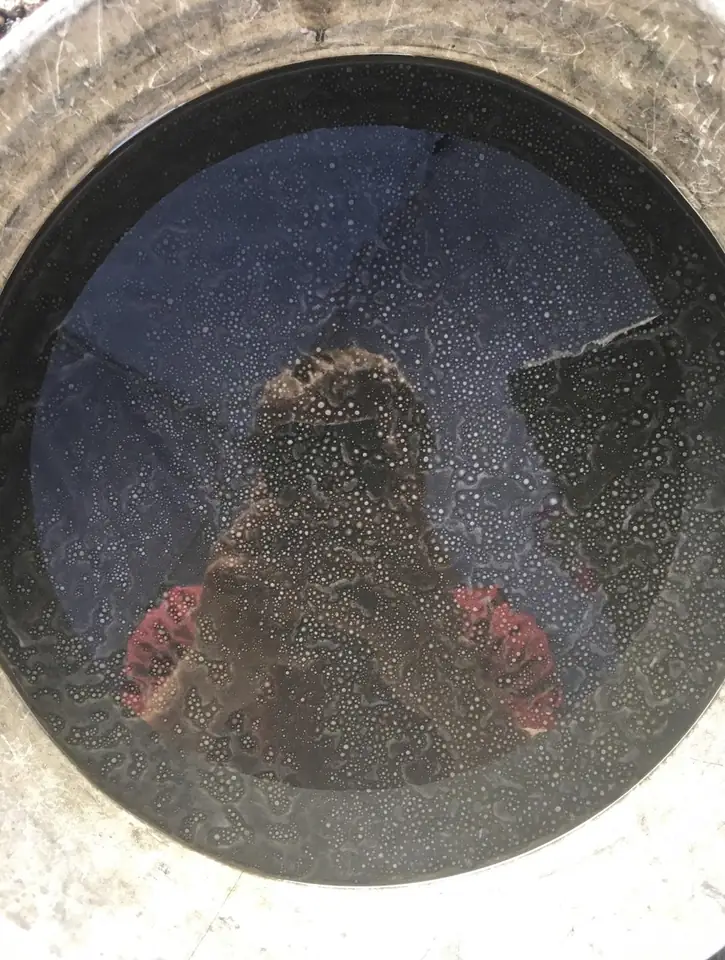 A person reflected in a circular window.